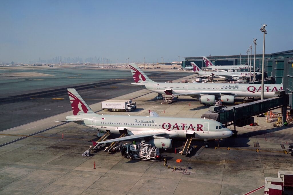 Qatar Airlines planes lined up at Hamad Airport in Doha. Qatar will host the 2022 Fifa World Cup.