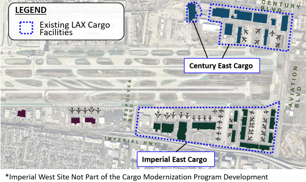 A photo of Los Angeles International Airport overlayed with graphics showing the site's existing cargo operation areas.