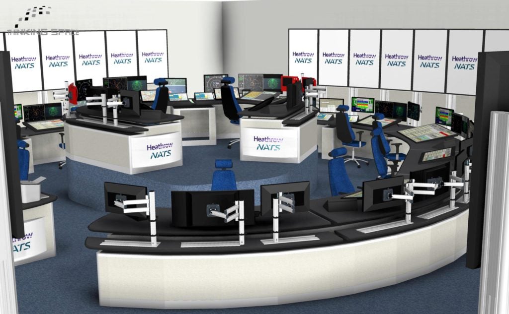 A digital visualisation of what the heathrow VCF will look like, showing two circular desks with multiple chairs and screens. One of the desks is in raised in the centre of the room.