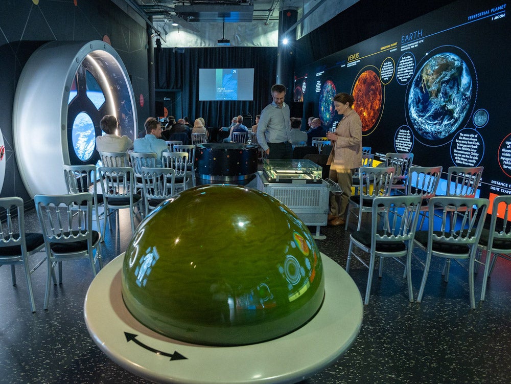 Green globe with pictures of Earth and Venus on the wall