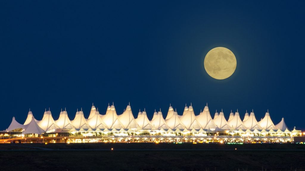 A view of the Denver International Airport at night
