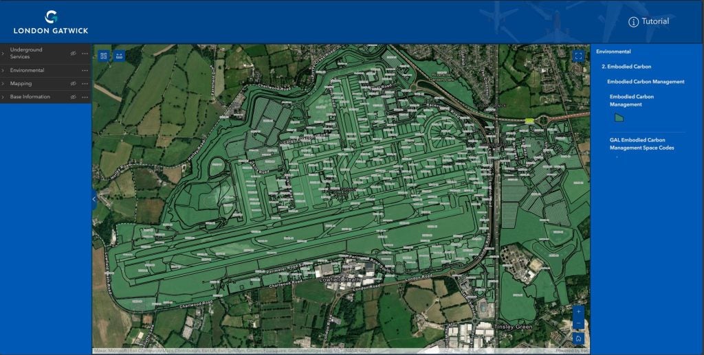 A screenshot of Gatwick's geospatial platform showing the embodied carbon of its assets (with numbers greyed out)